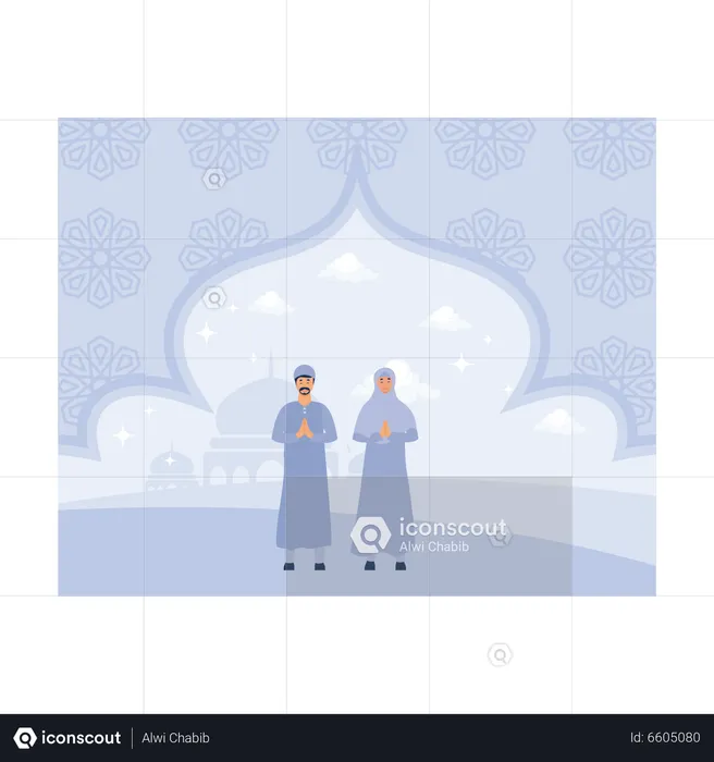 Muslim couple standing while greeting ramadan  Illustration