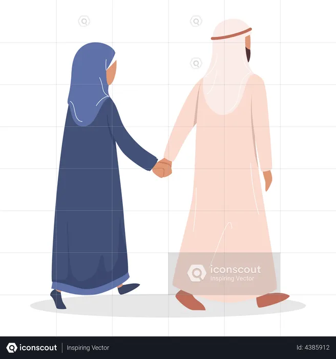 Muslim couple walking by hand in hand  Illustration