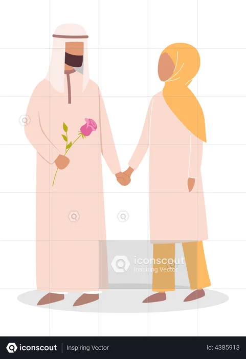 Muslim couple walking with hand in hand  Illustration