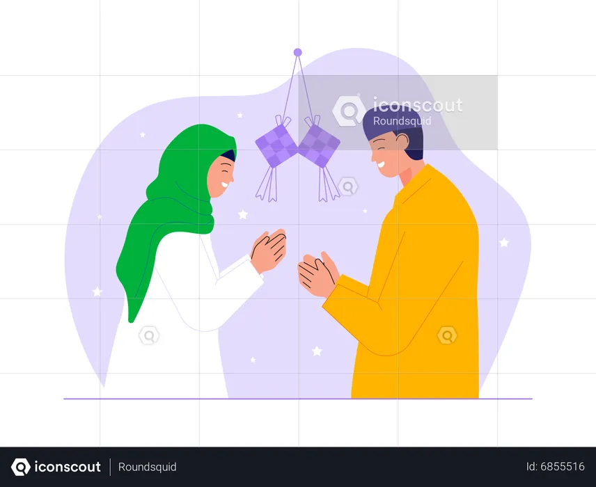 Muslim couple wishing Happy Eid al fitr to each other  Illustration