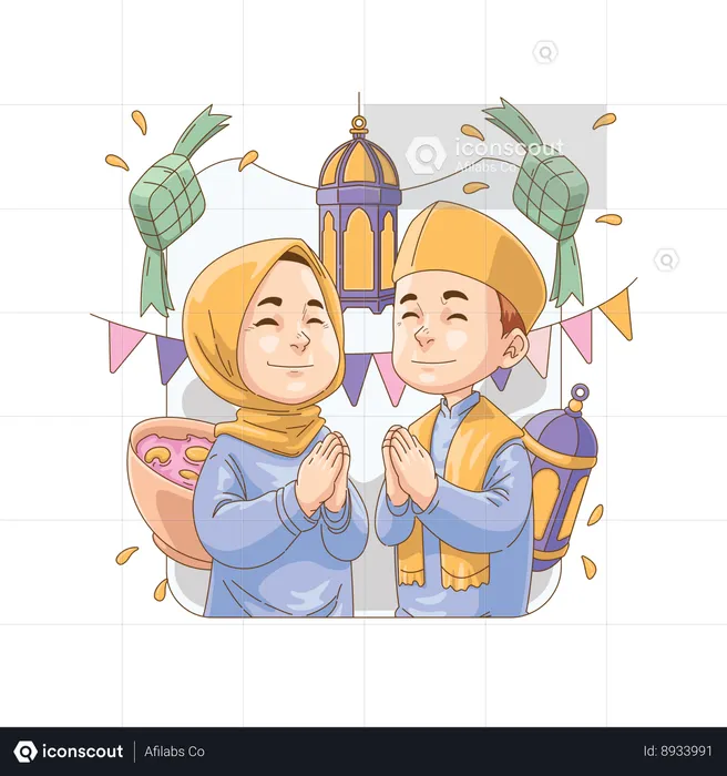 Muslim couple wishing you  happy Eid mubarak  Illustration