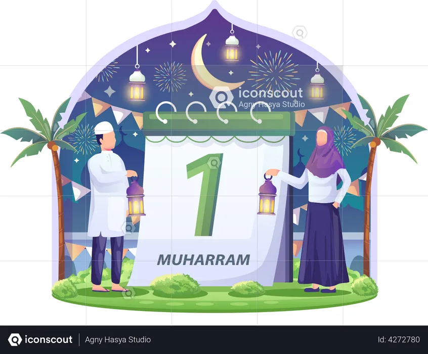 Muslim couples celebrating Islamic New Year  Illustration