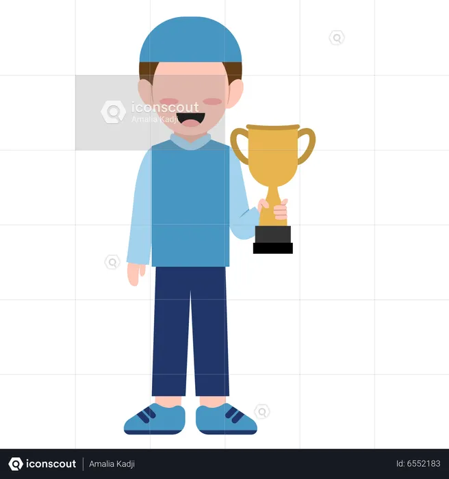 Muslim cute boy holding trophy cup  Illustration