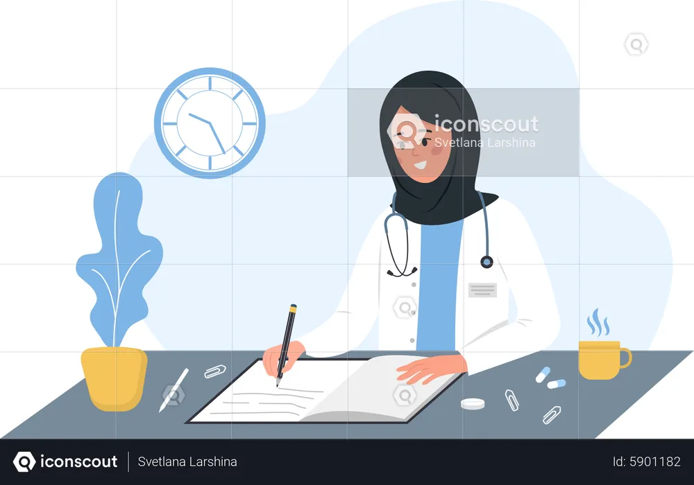 Muslim doctor writing medical prescription  Illustration