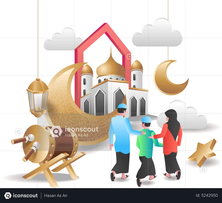 Muslim family at masjid  Illustration