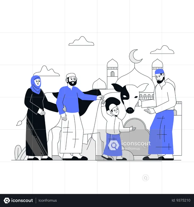 Muslim family bring Qurban to Mosque  Illustration