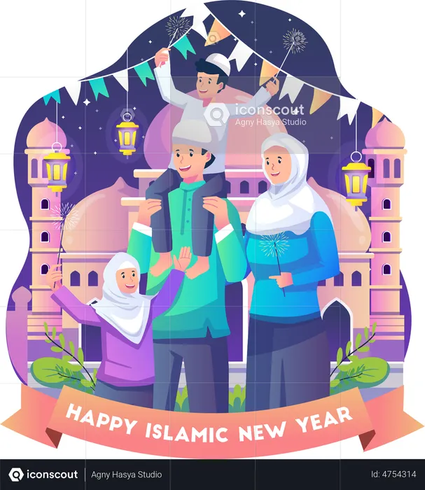 Muslim Family celebrates Islamic New Year  Illustration