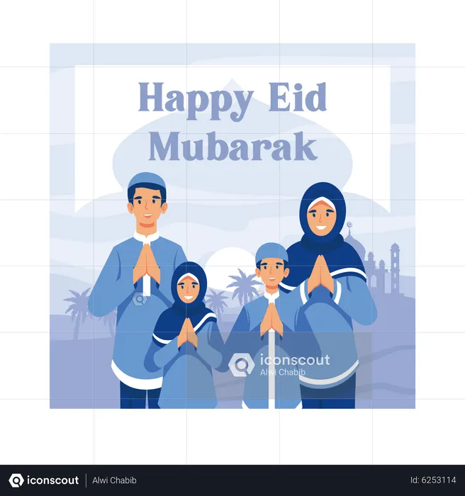 Muslim family celebrating Eid al-fitr  Illustration