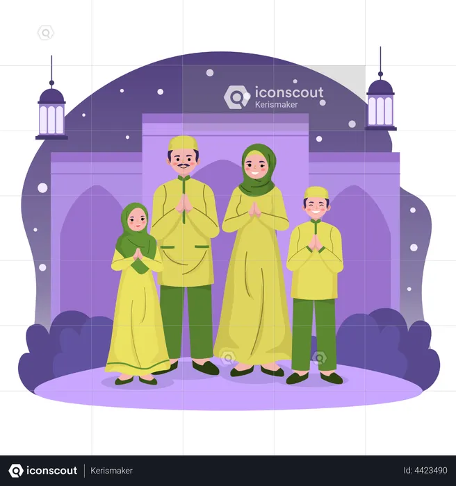 Muslim family celebrating eid mubarak  Illustration
