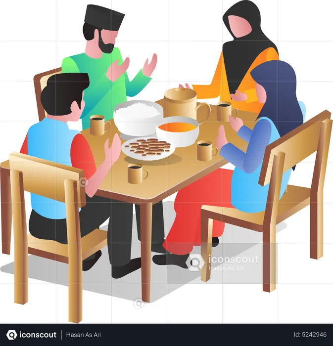 Muslim family doing iftar dinner  Illustration