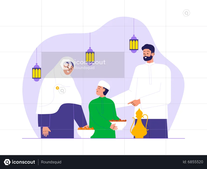 Muslim family doing Iftar Party  Illustration