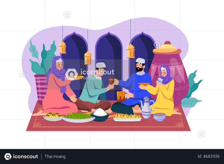 Muslim family doing Iftar Party  Illustration