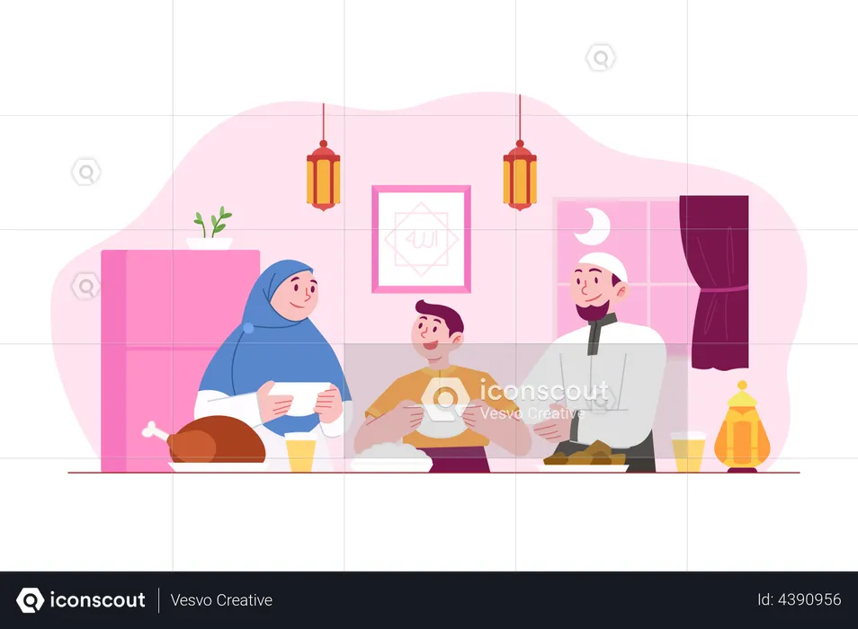 Muslim family doing Iftar Party  Illustration