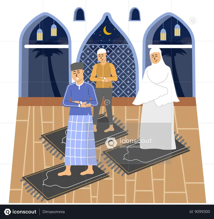 Muslim family doing muslim prayer on prayer rug  Illustration
