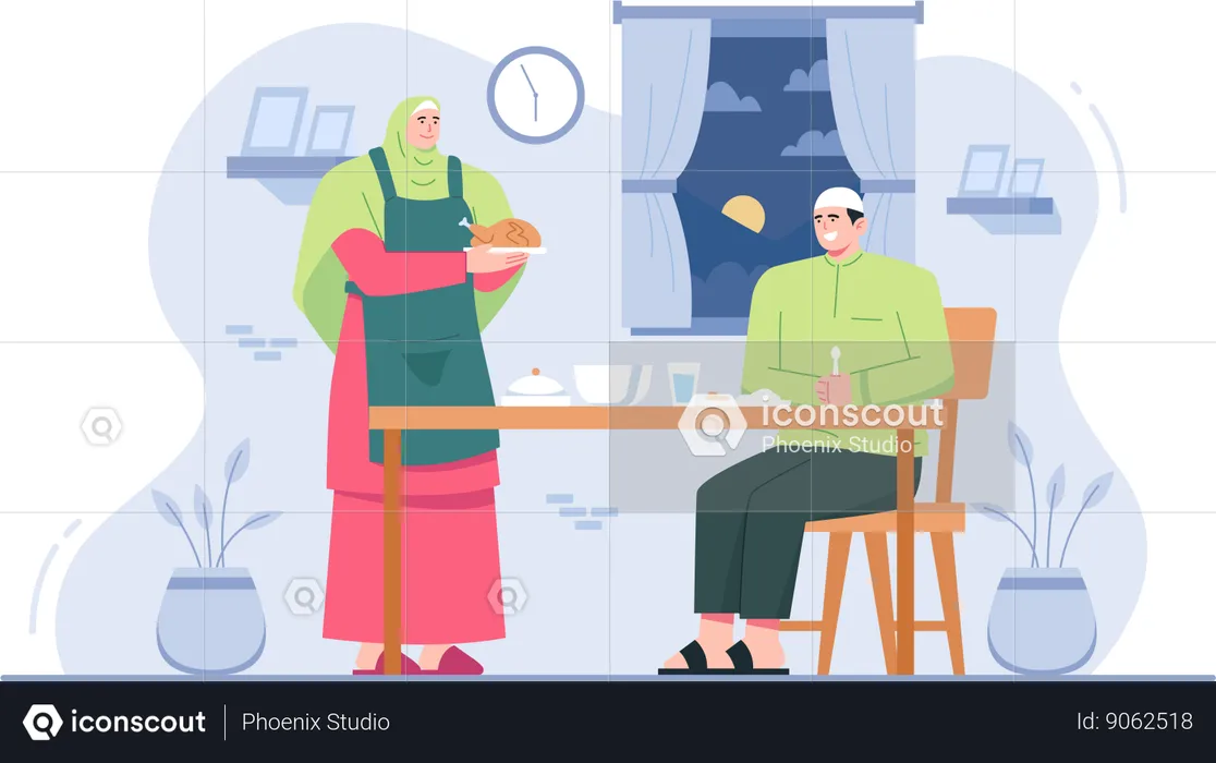 Muslim family eating breakfasting  Illustration