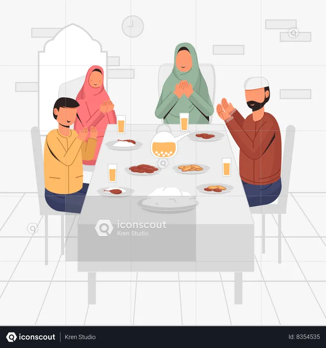 Muslim Family Eating Fasting Dinner  Illustration