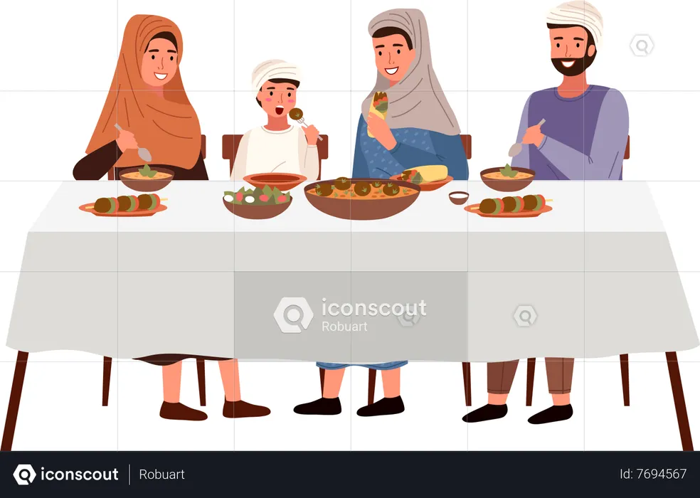 Muslim family eating kosher food on dining table  Illustration
