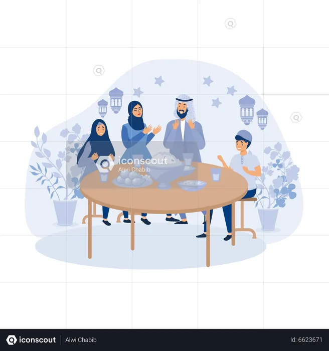 Muslim family eating Ramadan dinner  Illustration
