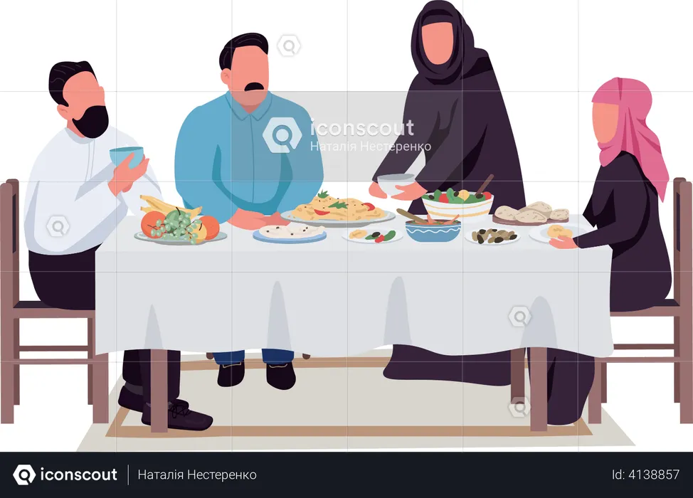 Muslim family eating together on table  Illustration
