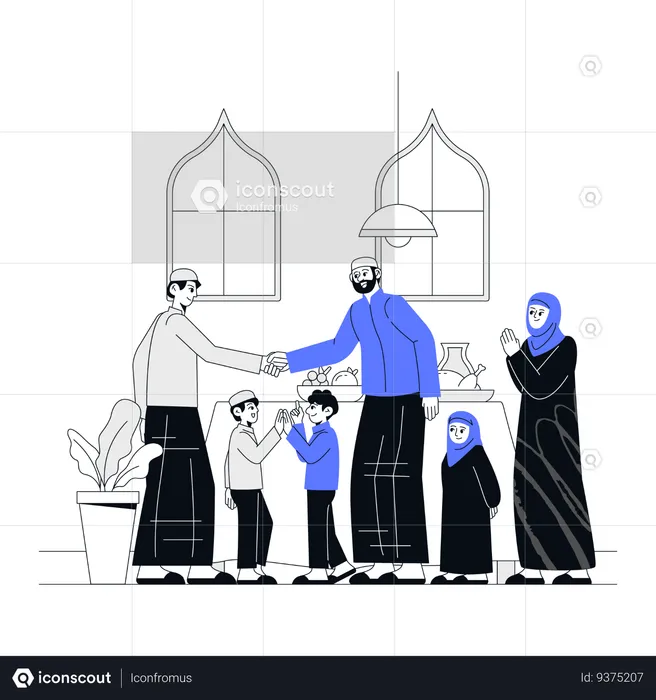 Muslim family greeting Eid Al Adha with their neighbor  Illustration