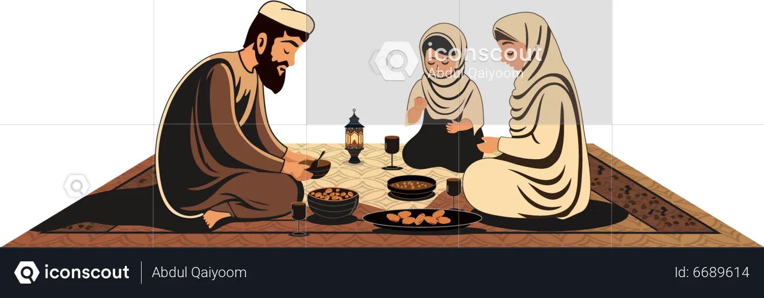 Muslim Family Having Delicious Meals  Illustration