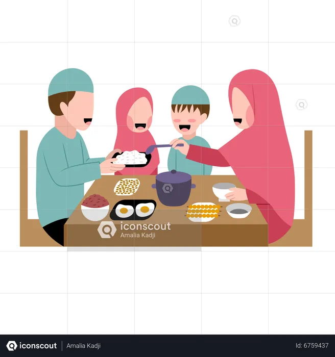 Muslim Family Having Dinner Together  Illustration