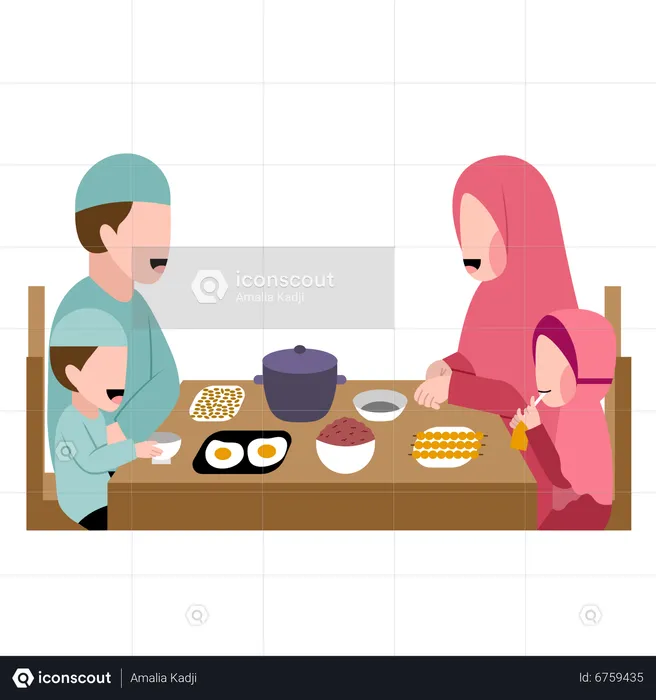 Muslim Family Having Dinner Together  Illustration