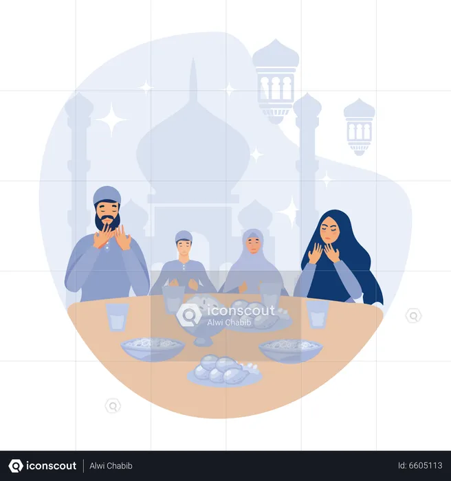 Muslim family iftar enjoying ramadan kareem mubarak together in happiness during fasting with meal  Illustration