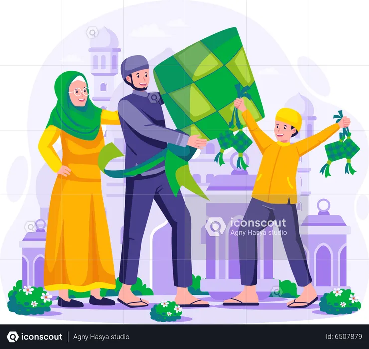 Muslim Family is holding a large Ketupat  Illustration