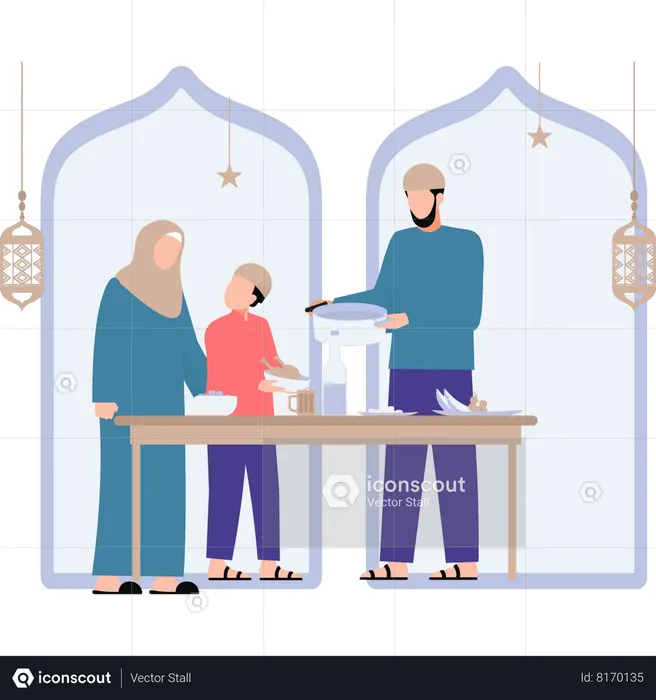 Muslim family is preparing the Eid meal  Illustration