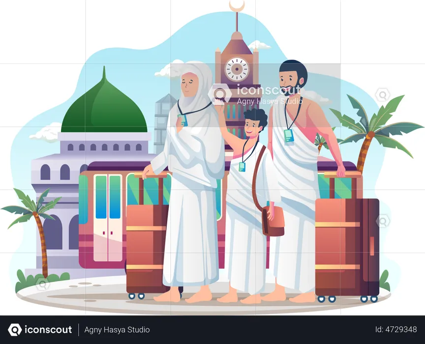 Muslim Family pilgrim arrived in mecca to perform Hajj  Illustration