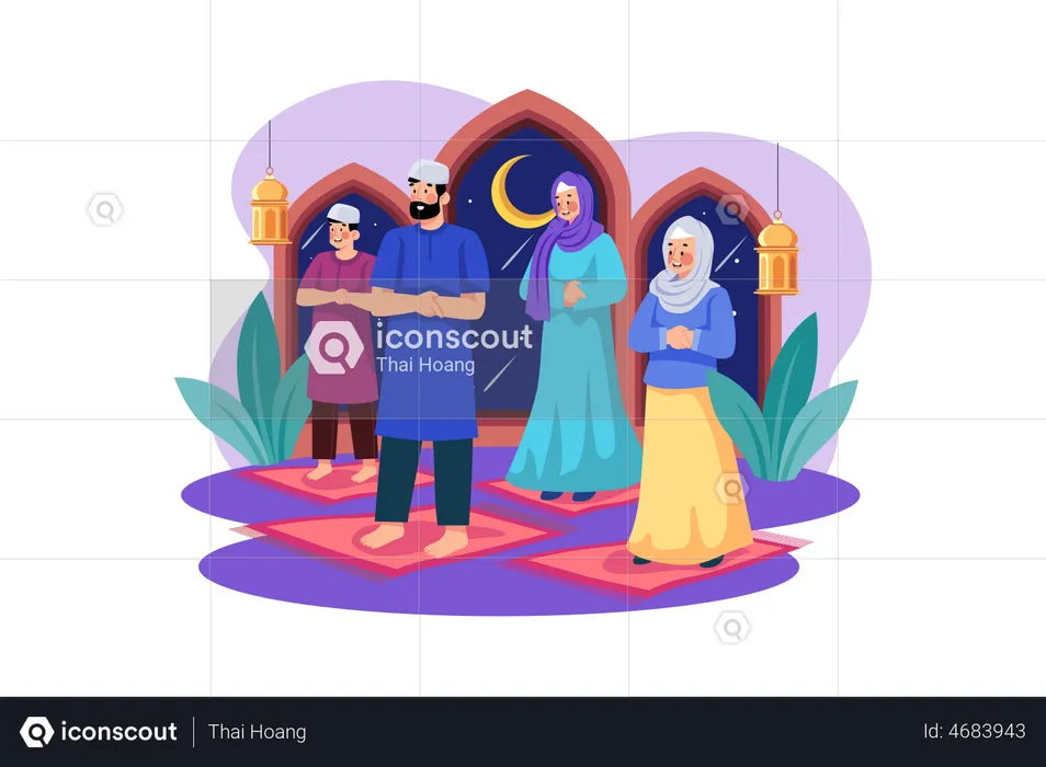 Muslim family pray together  Illustration