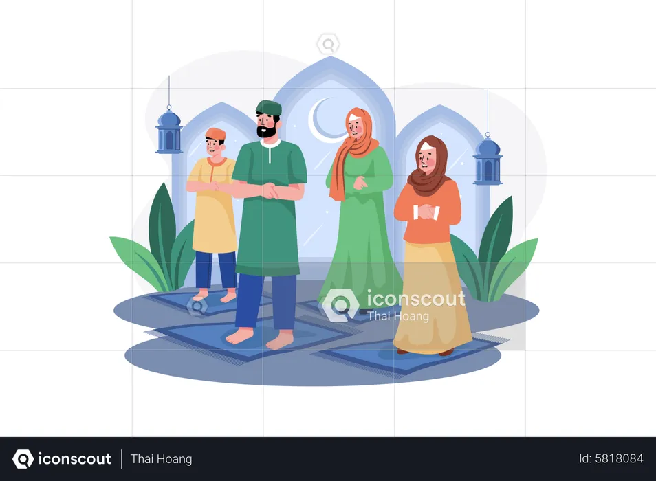 Muslim family pray together  Illustration
