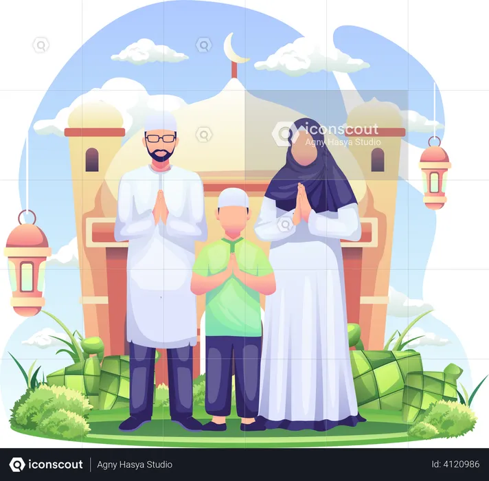 Muslim family praying at a mosque  Illustration