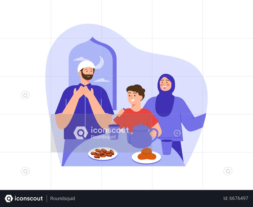 Muslim family praying before eating food  Illustration