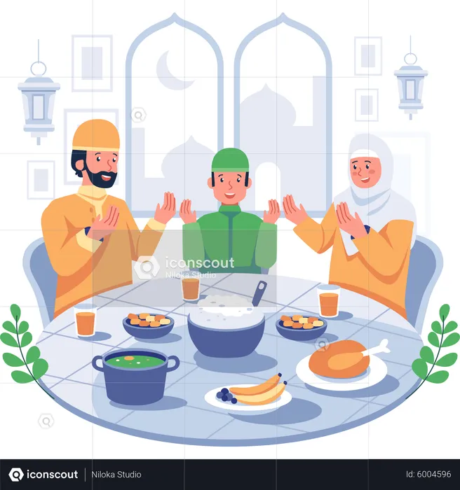 Muslim family praying before eating meal  Illustration