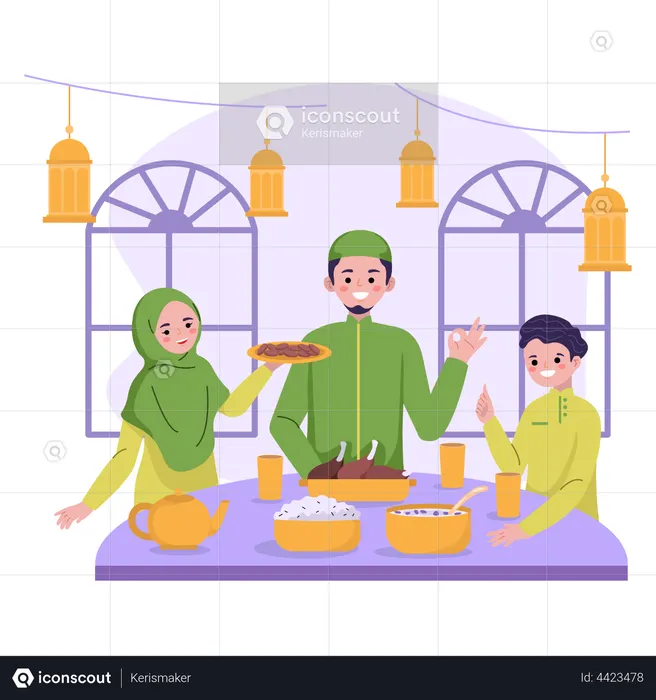 Muslim family praying before Iftar Party  Illustration
