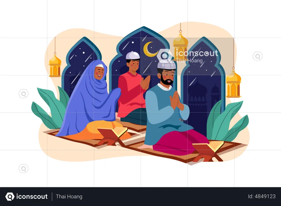 Muslim family reading Quran  Illustration