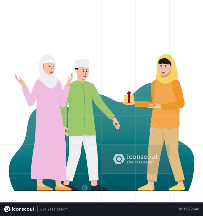 Muslim family sharing gifts on Ramadan  Illustration