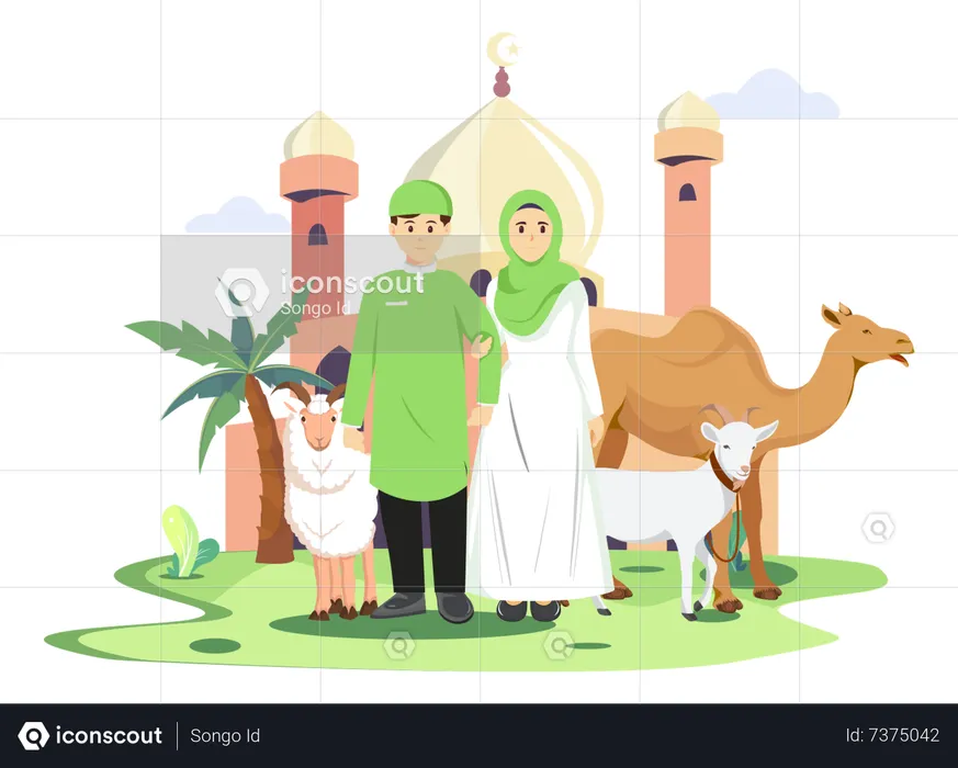 Muslim family standing together  Illustration