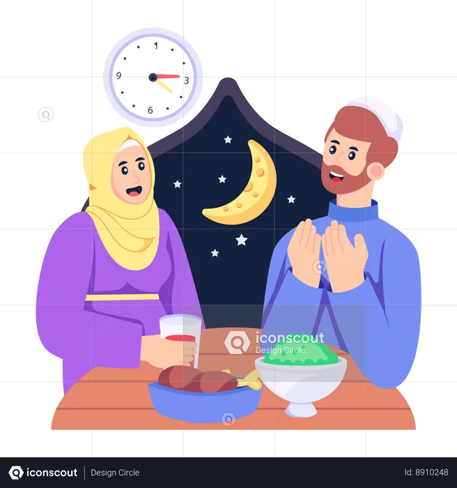 Muslim family taking food on Suhoor Time  Illustration