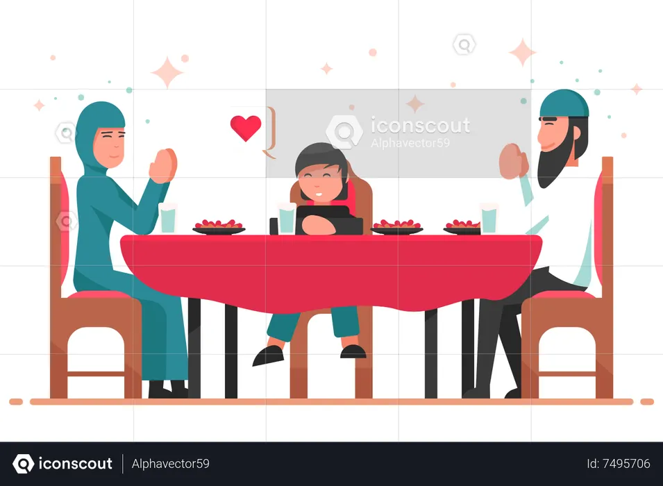 Muslim family taking iftar dinner together  Illustration