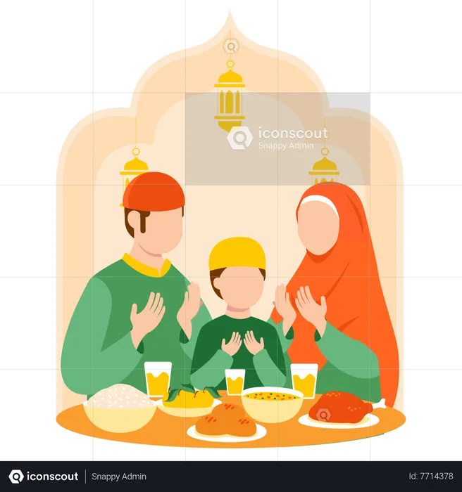 Muslim family taking Iftar food  Illustration