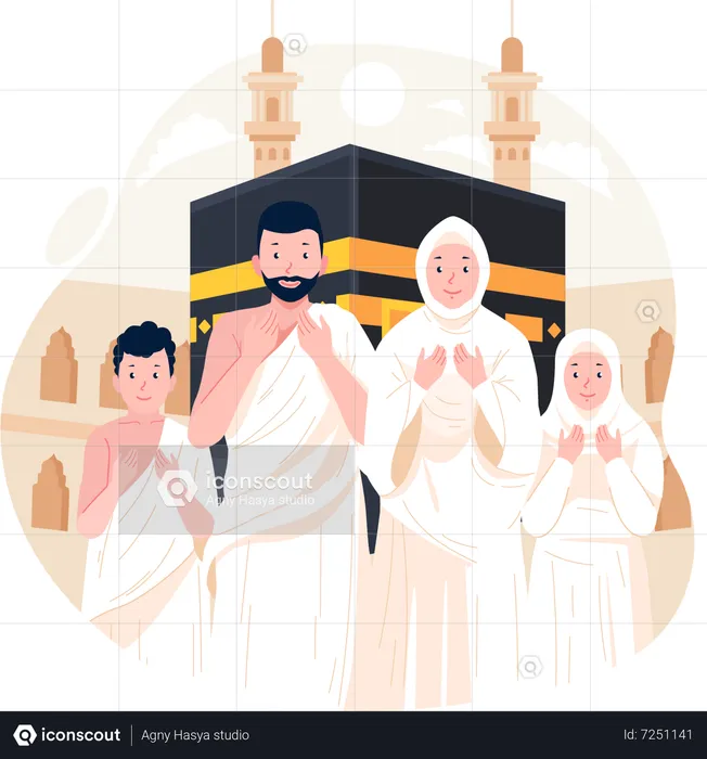 Muslim family wears ihram clothes performing Hajj  Illustration