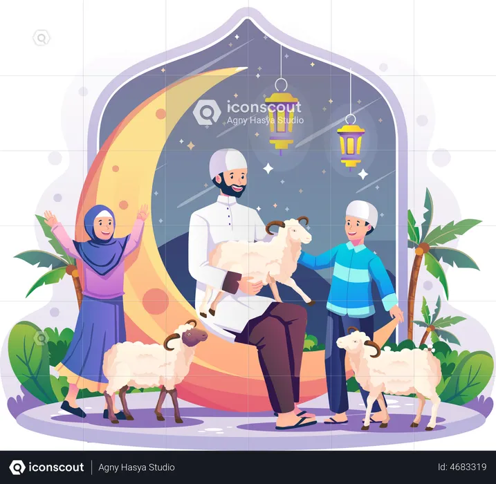 Muslim Family With Sheeps celebrating Eid al-Adha  Illustration