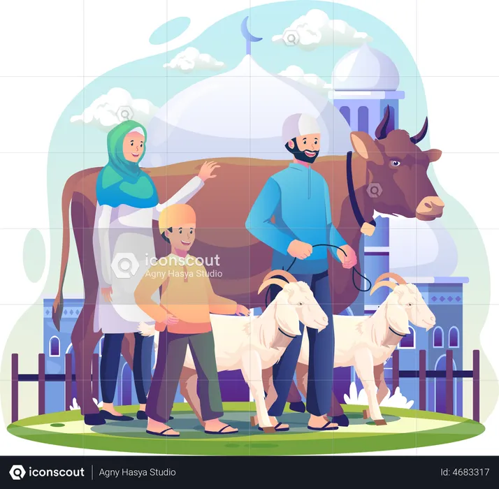 Muslim Family With Their Animals celebrating Eid al-Adha  Illustration