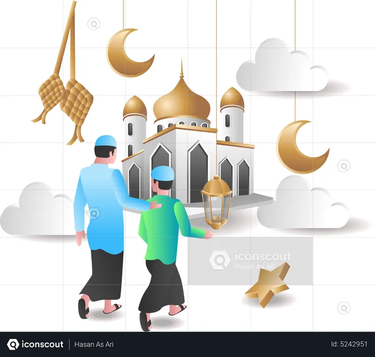 Muslim father and son going to masjid  Illustration