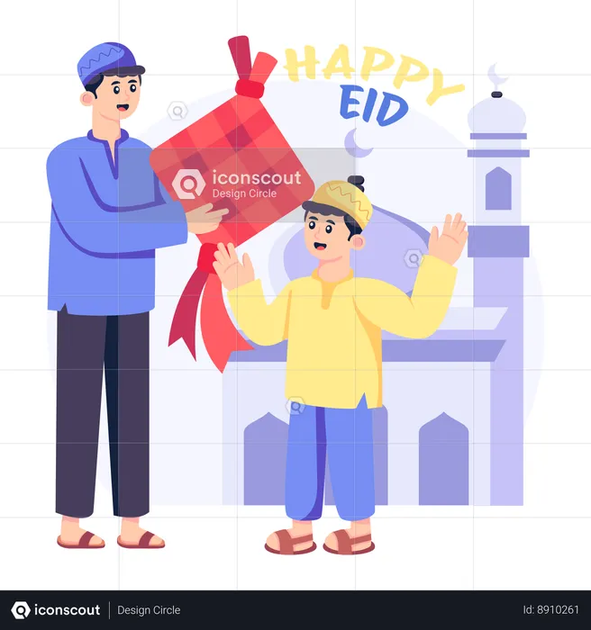 Muslim father giving kupat to boy on Eid Al Fitr Celebration  Illustration