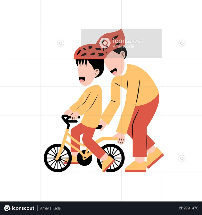 息子と自転車で遊ぶイスラム教徒の父親  イラスト