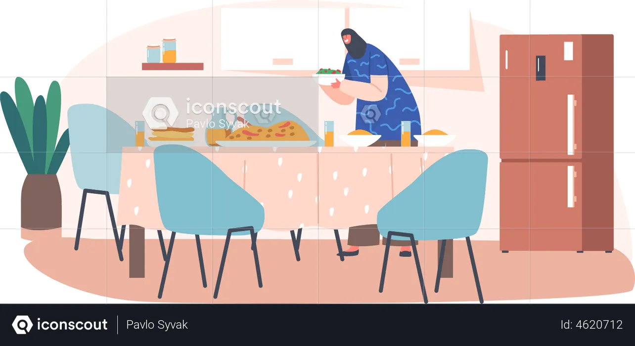 Muslim Female Serving Dinner on Table  Illustration
